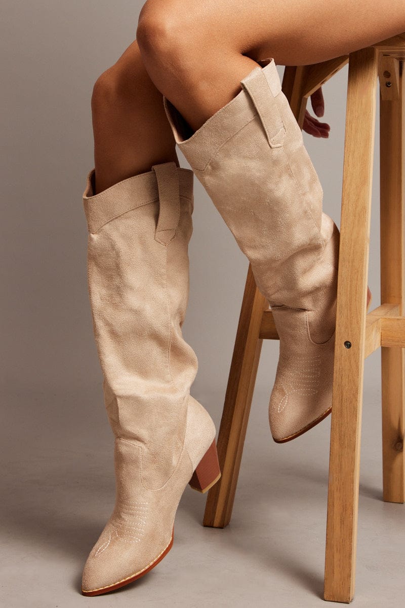 Beige Suede Cowboy Boots for Ally Fashion