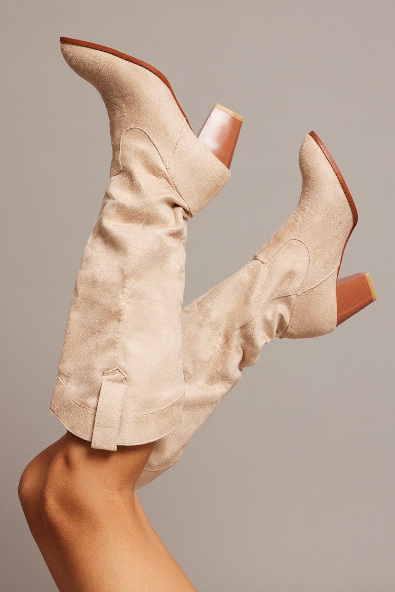 Beige Suede Cowboy Boots for Ally Fashion