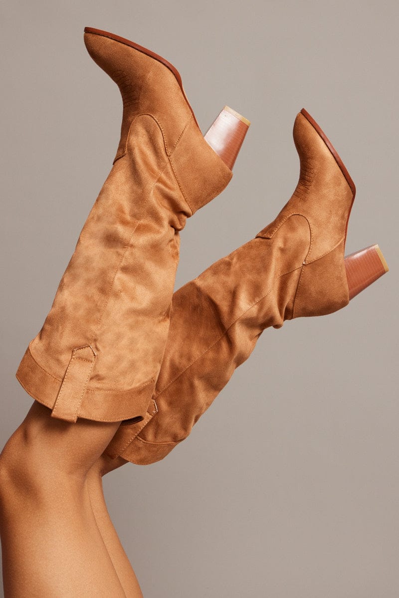 Beige Suede Cowboy Boots for Ally Fashion