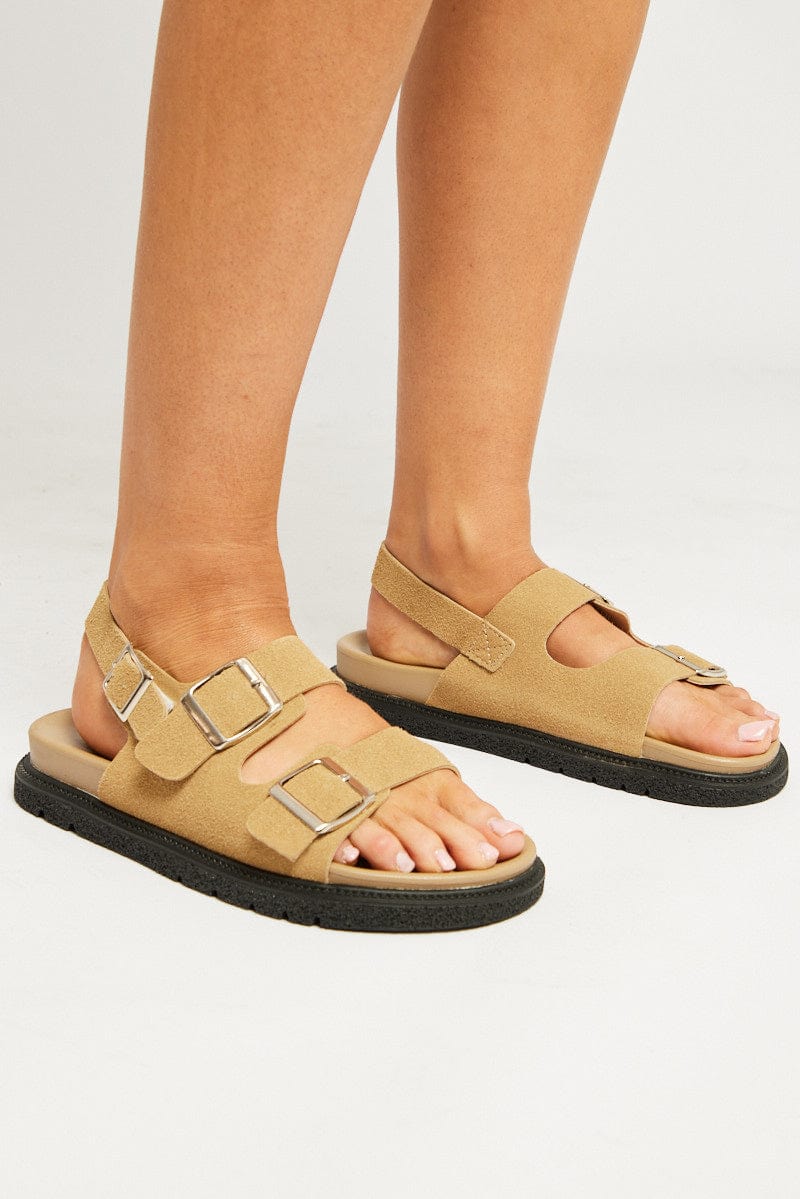 Beige Double Buckle Suede Sandals for Ally Fashion