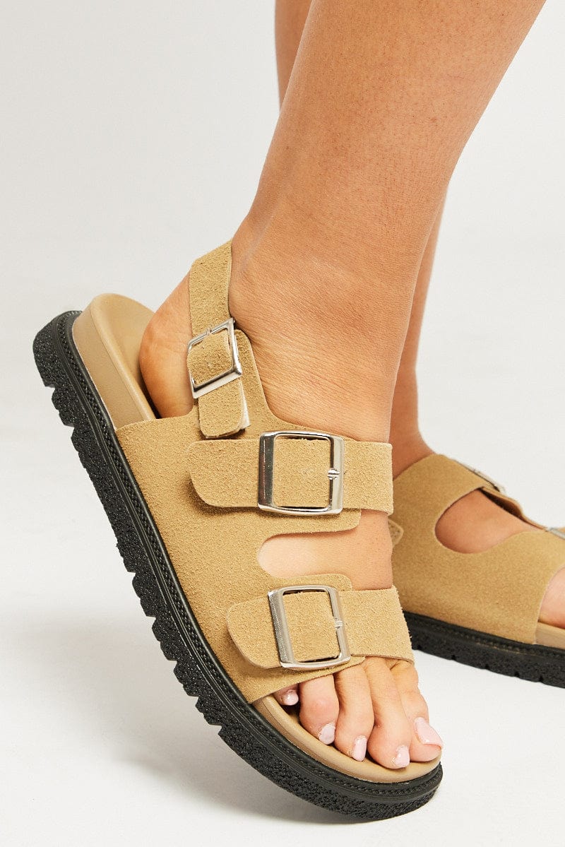 Beige Double Buckle Suede Sandals for Ally Fashion