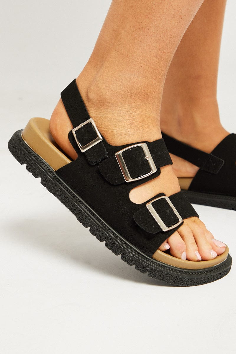 Black Double Buckle Suede Sandals for Ally Fashion