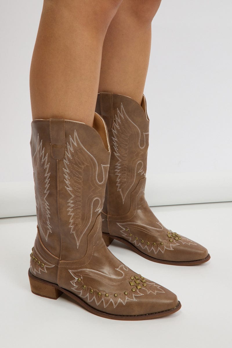 Brown Studded Cowboy Boots for Ally Fashion