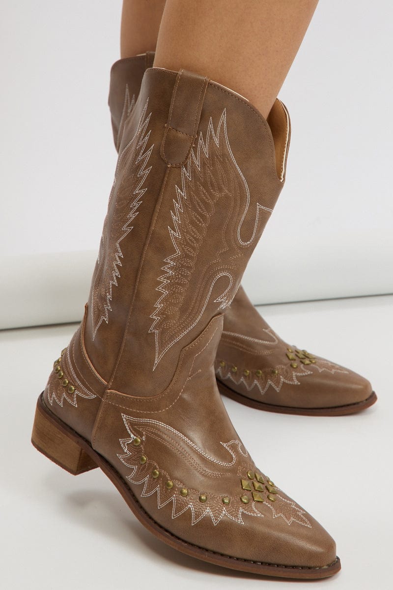 Brown Studded Cowboy Boots for Ally Fashion