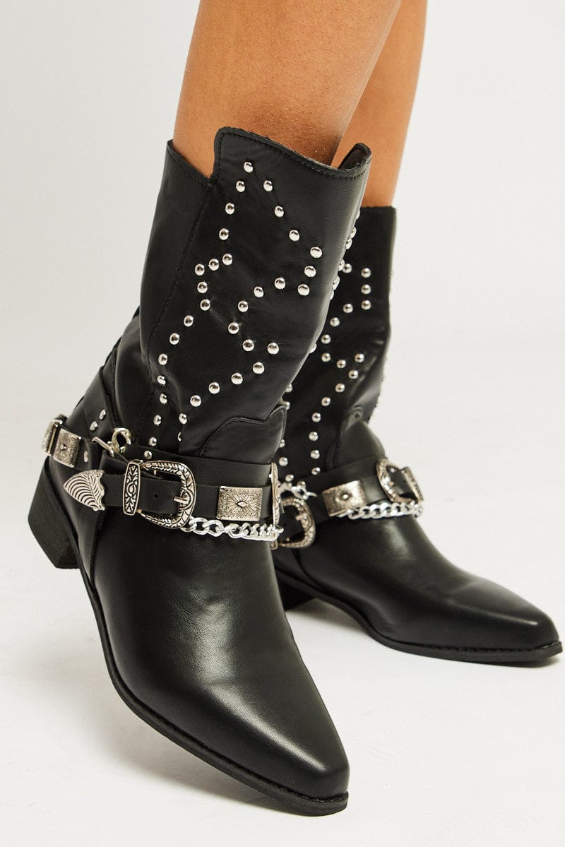 Black Western Boots with Hardware for Ally Fashion