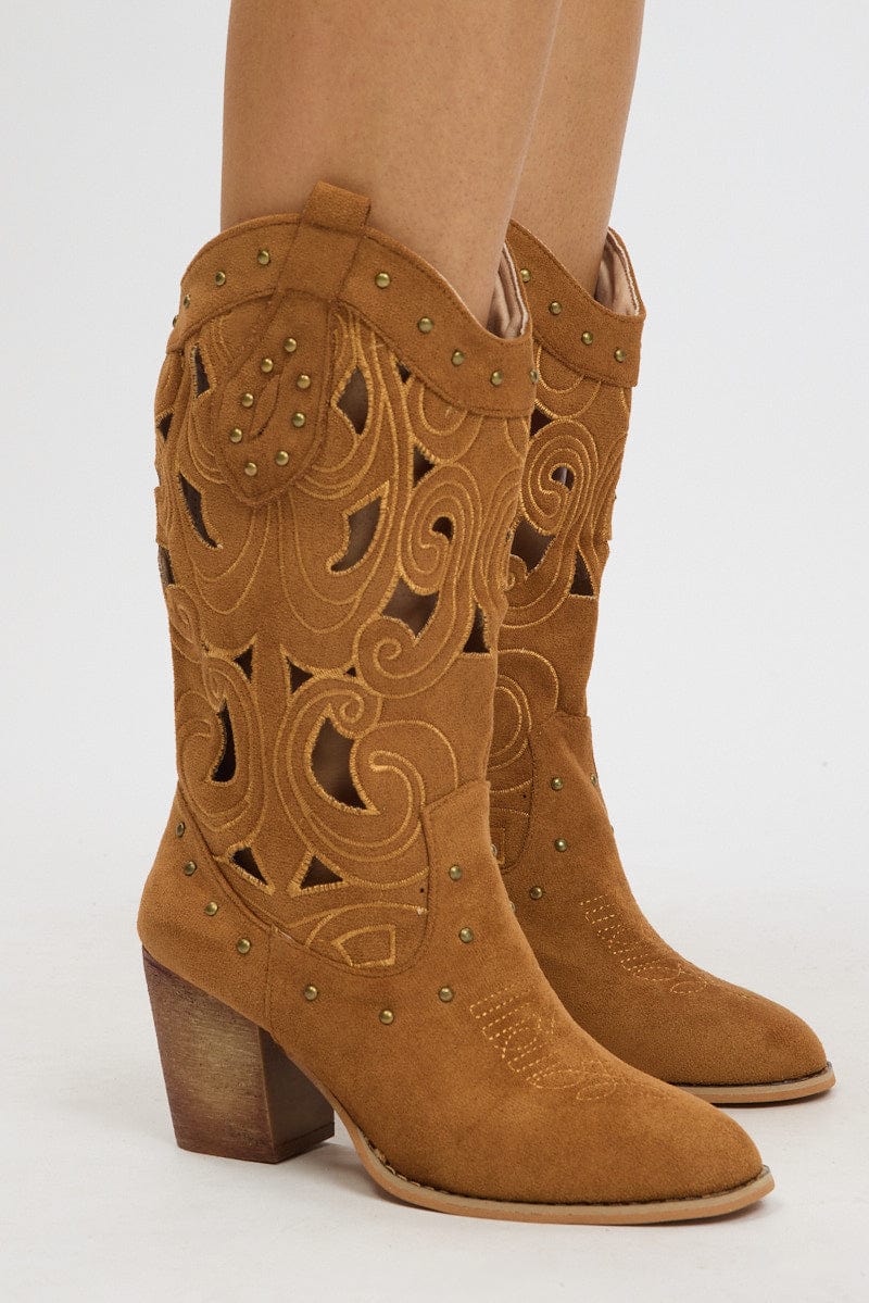 Brown Cut Out Western Boots for Ally Fashion