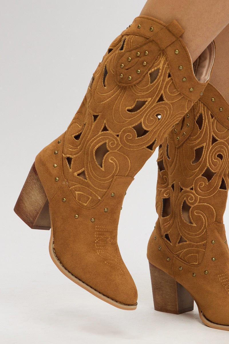 Brown Cut Out Western Boots for Ally Fashion