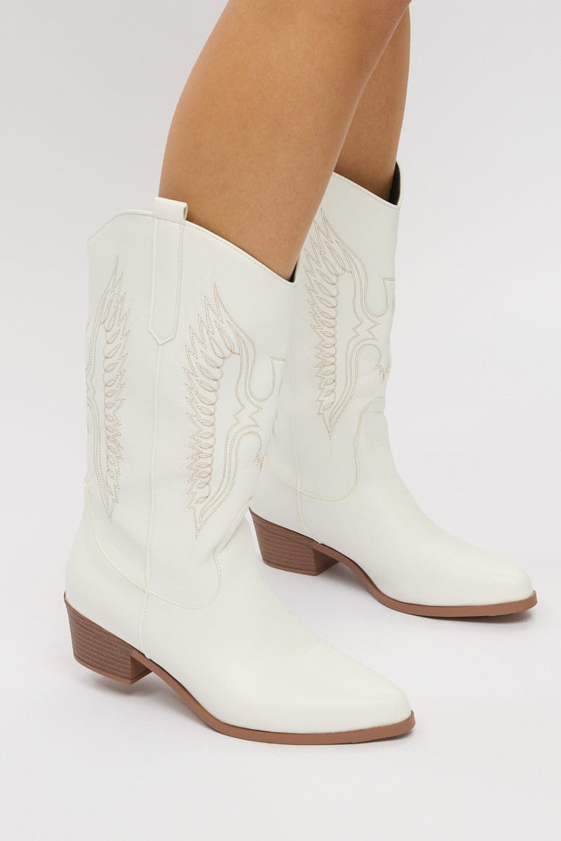 White Embroidered Western Cowboy Boots for Ally Fashion