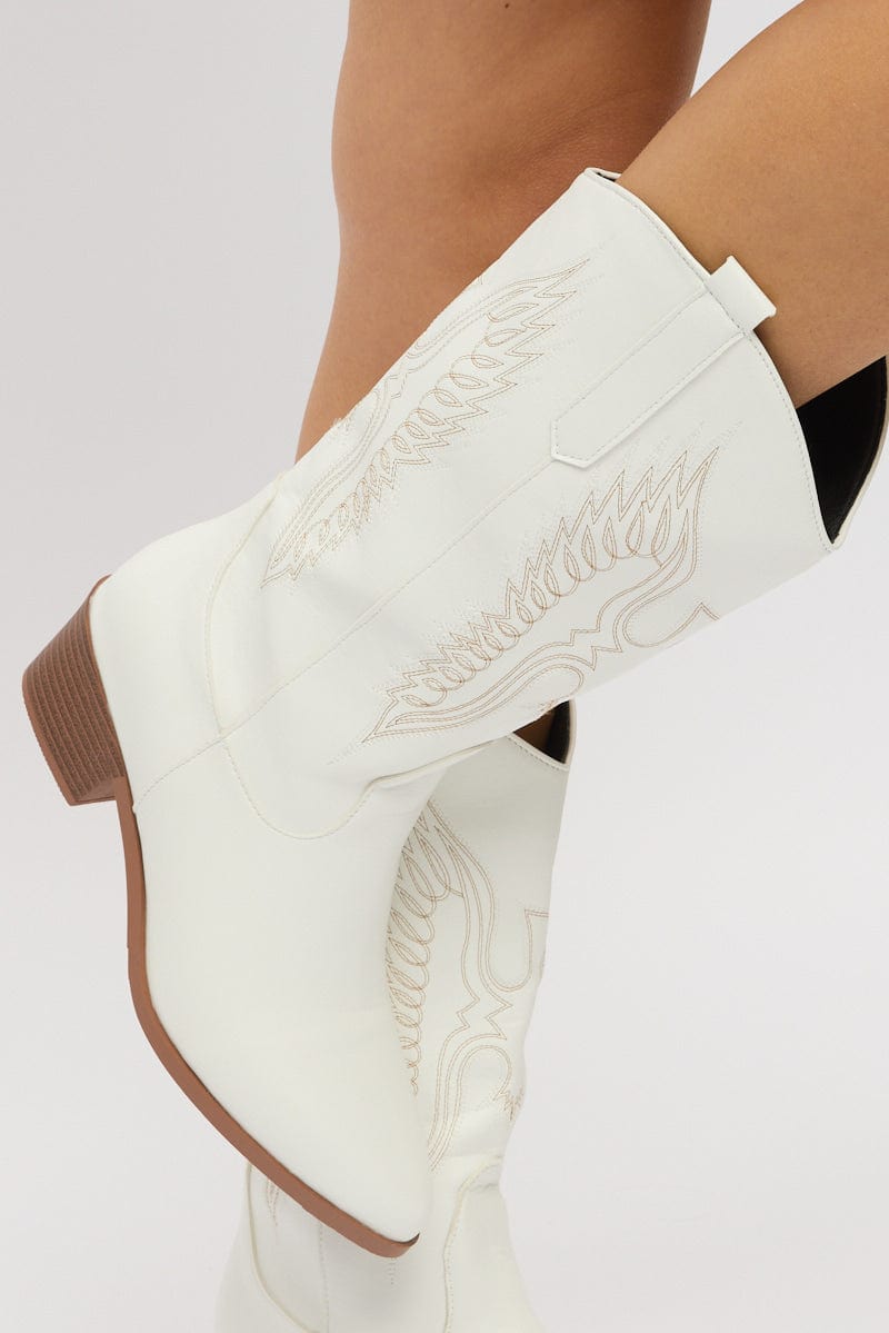 White Embroidered Western Cowboy Boots for Ally Fashion