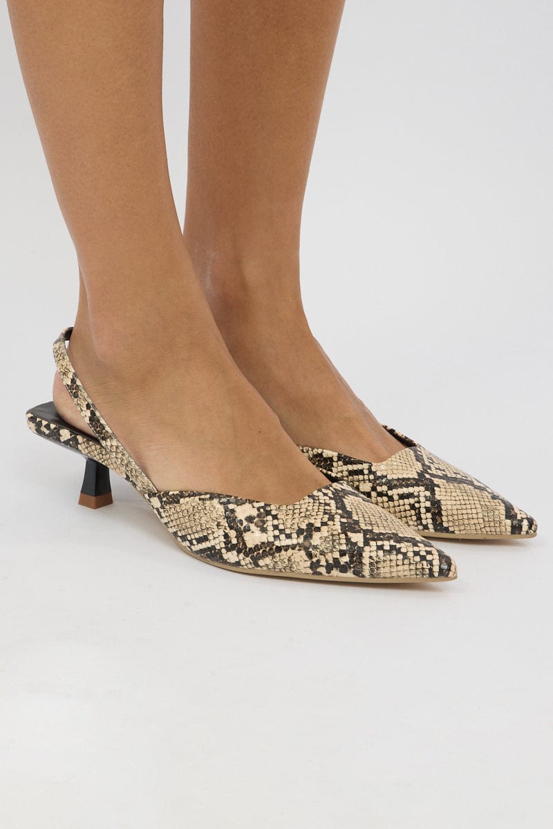 Beige Animal-Print Slingback Kitten-Heeled Shoes from Ally Fashion