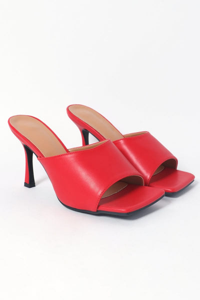 Red Square Toe Heeled Mules Sandals | Ally Fashion
