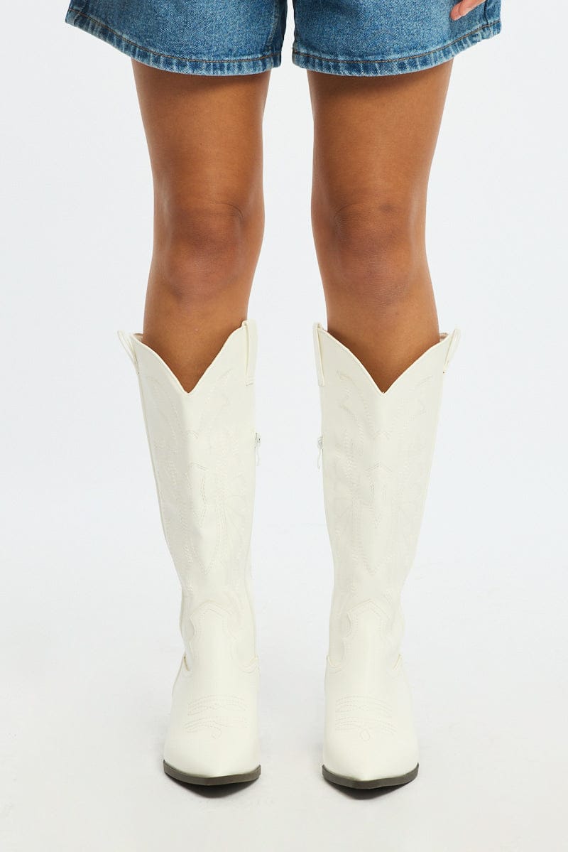 White Embroidered Western Cowboy Boots for Ally Fashion