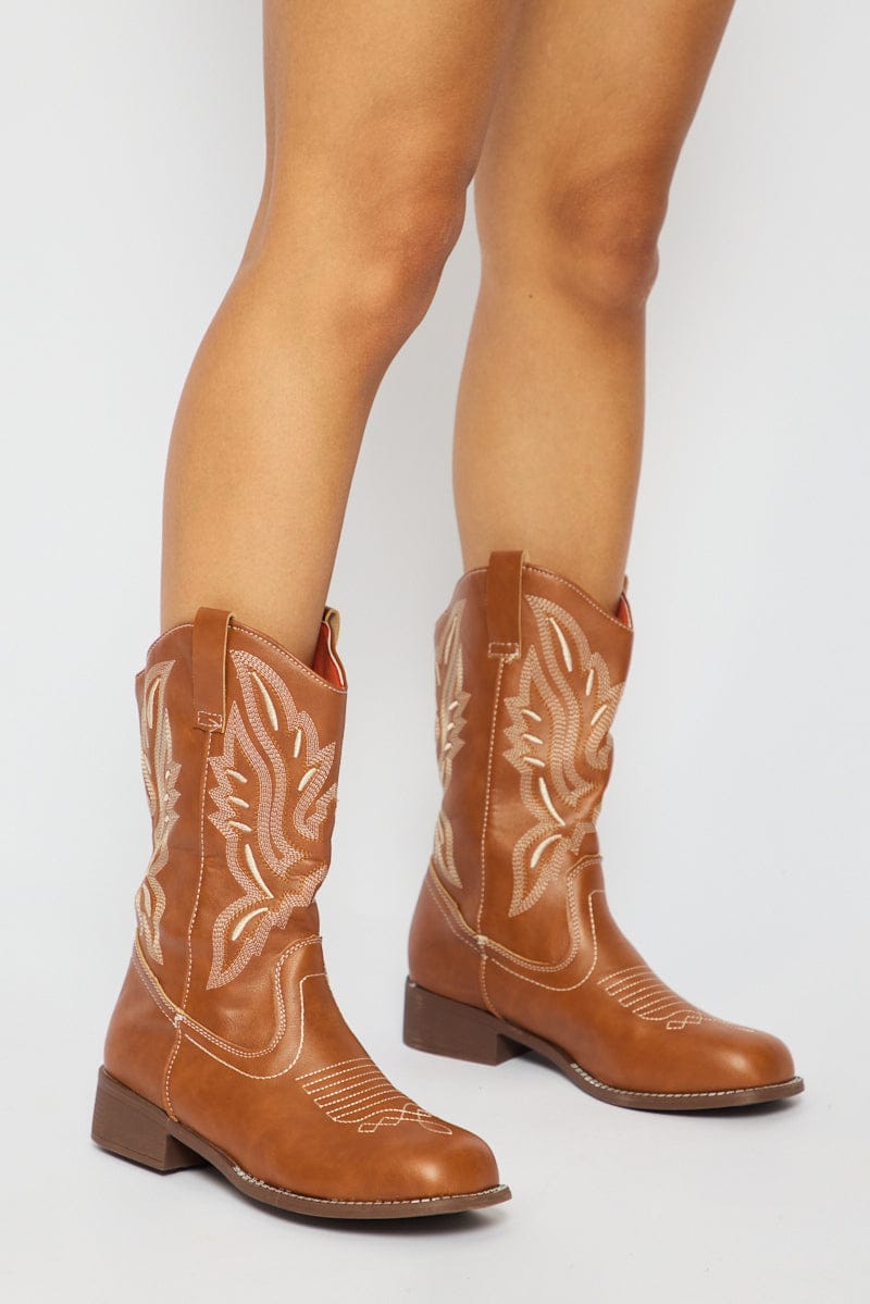 Brown Embroidered Western Cowboy Boots for Ally Fashion