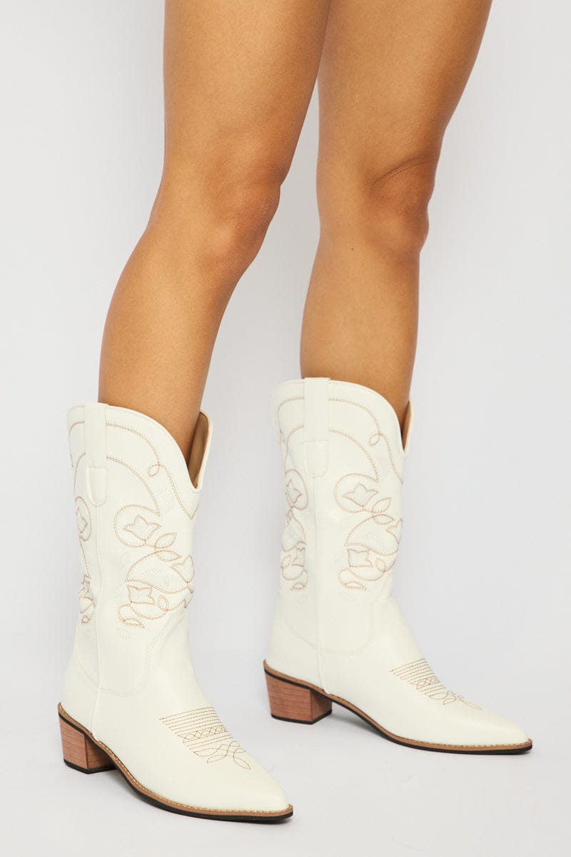 White Embroidered Western Cowboy Boots for Ally Fashion