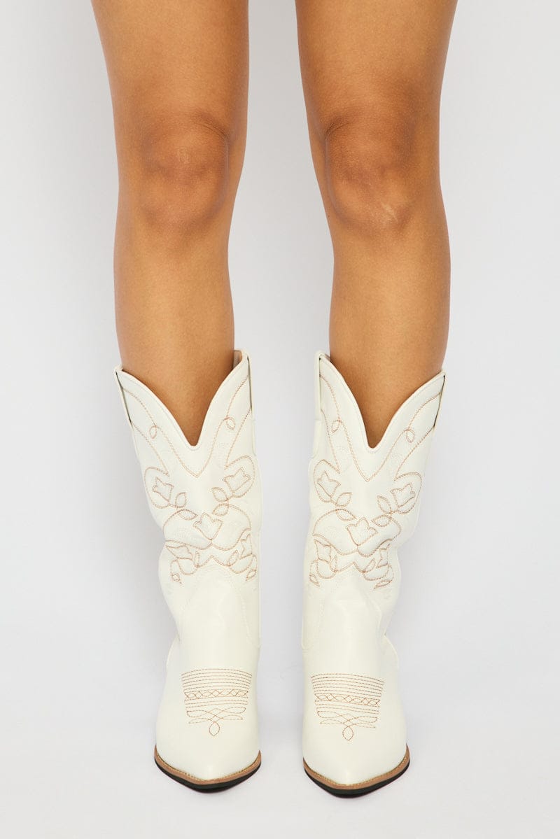 White Embroidered Western Cowboy Boots for Ally Fashion