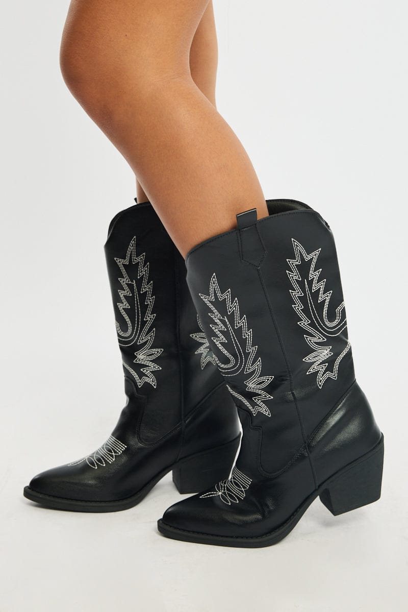 Black Embroidered Western Cowboy Boots for Ally Fashion