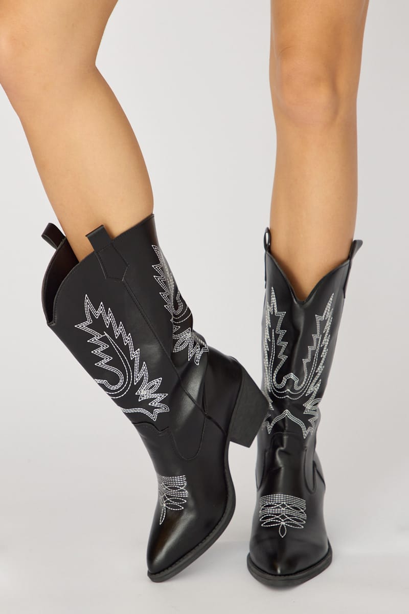 Black Embroidered Western Cowboy Boots from Ally Fashion