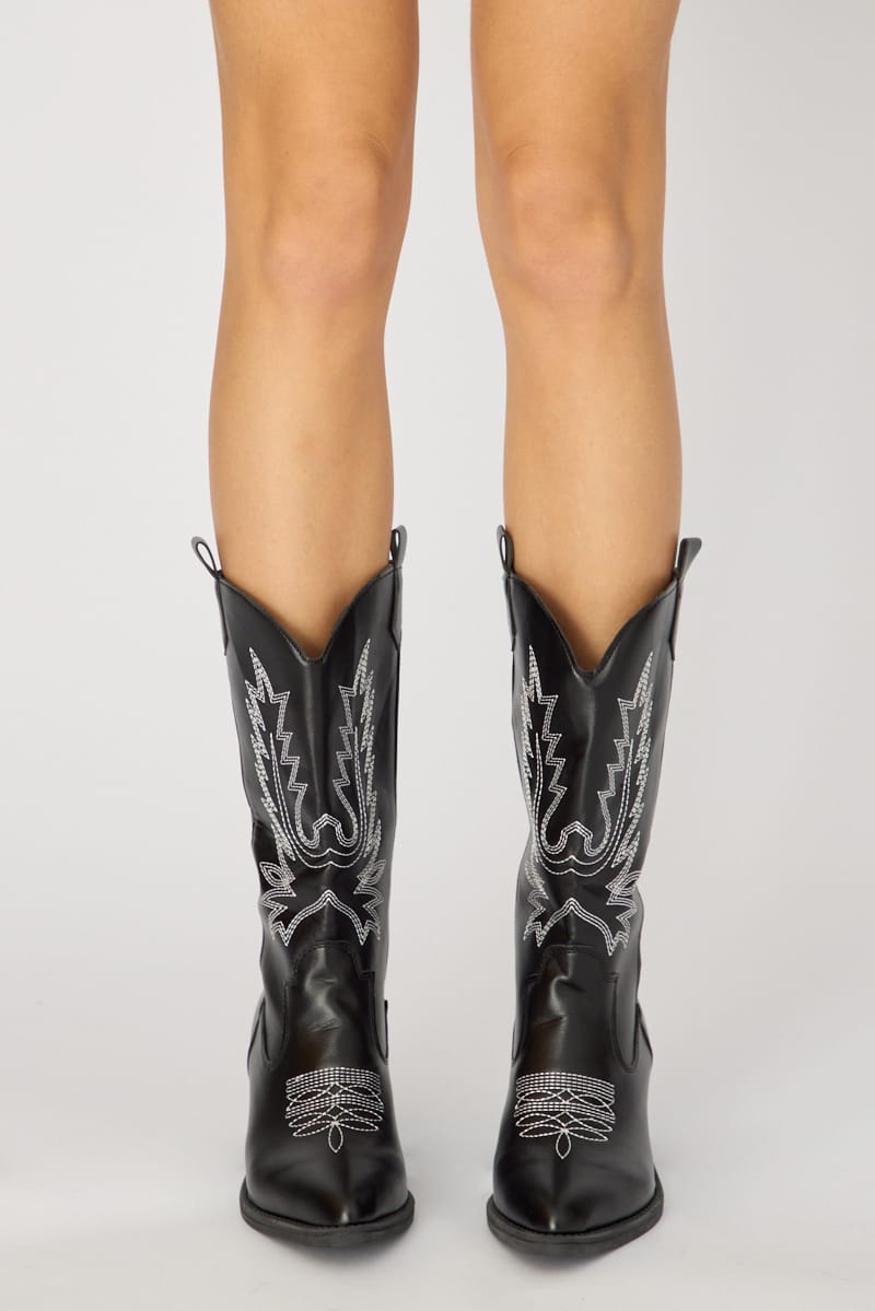 Black Embroidered Western Cowboy Boots for Ally Fashion
