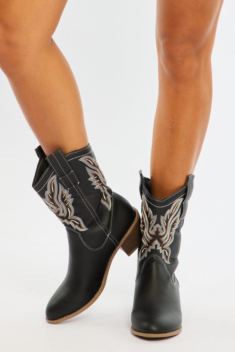 Black Embroidered Western Cowboy Boots for Ally Fashion