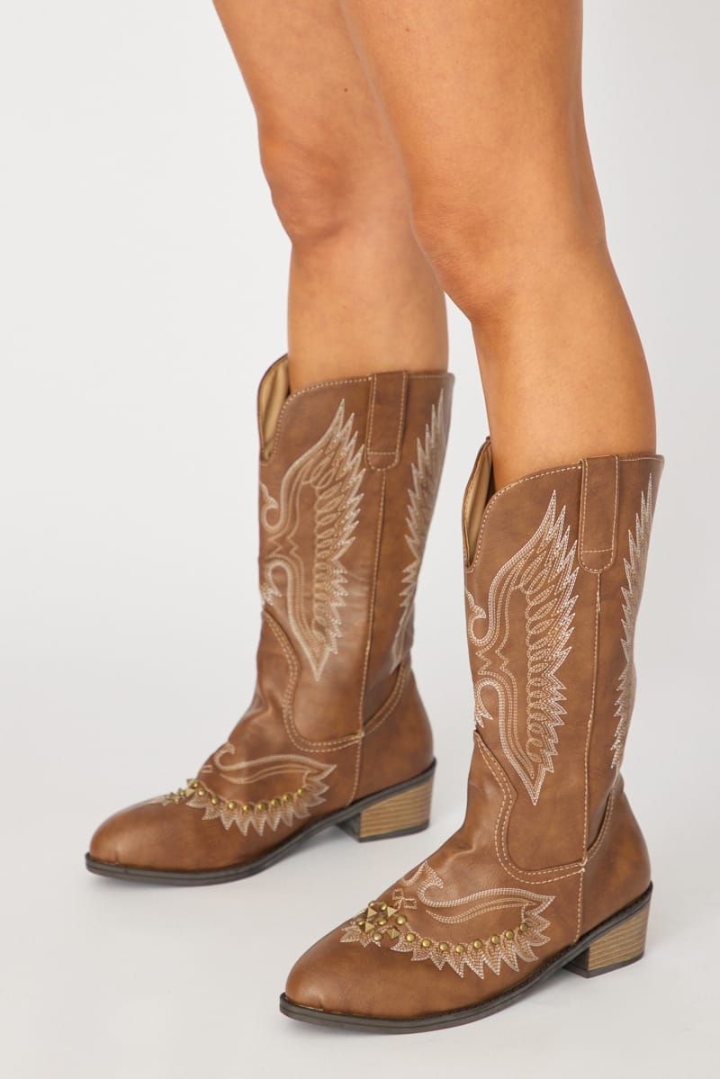 Brown Embroidered Western Cowboy Boots for Ally Fashion