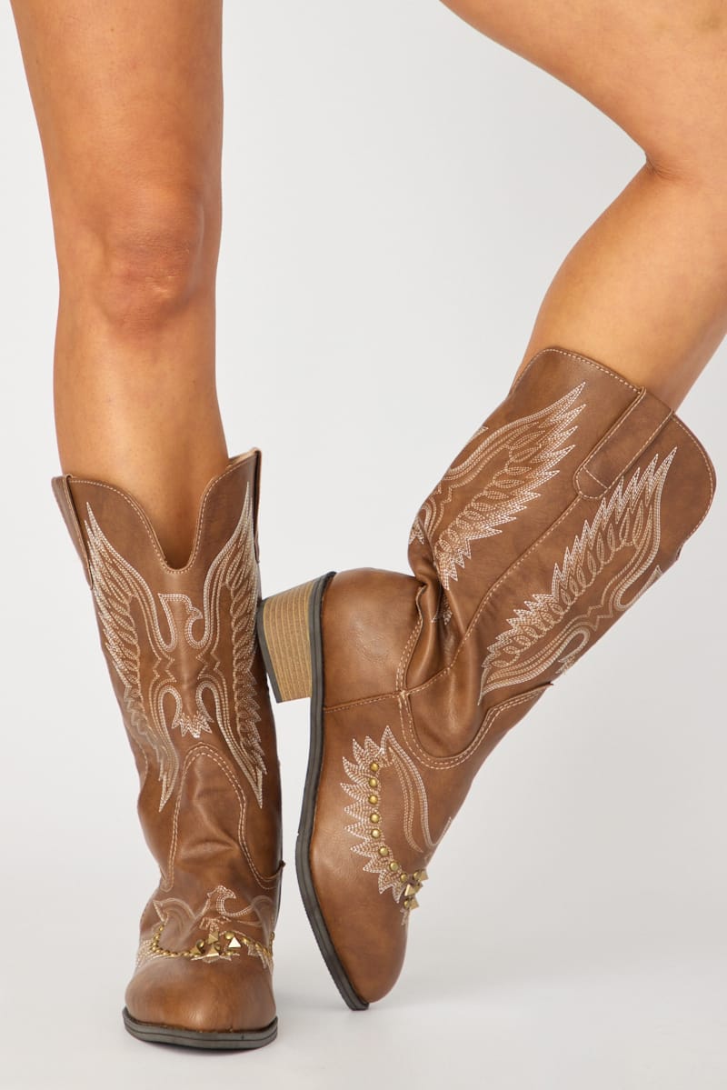 Brown Embroidered Western Cowboy Boots for Ally Fashion