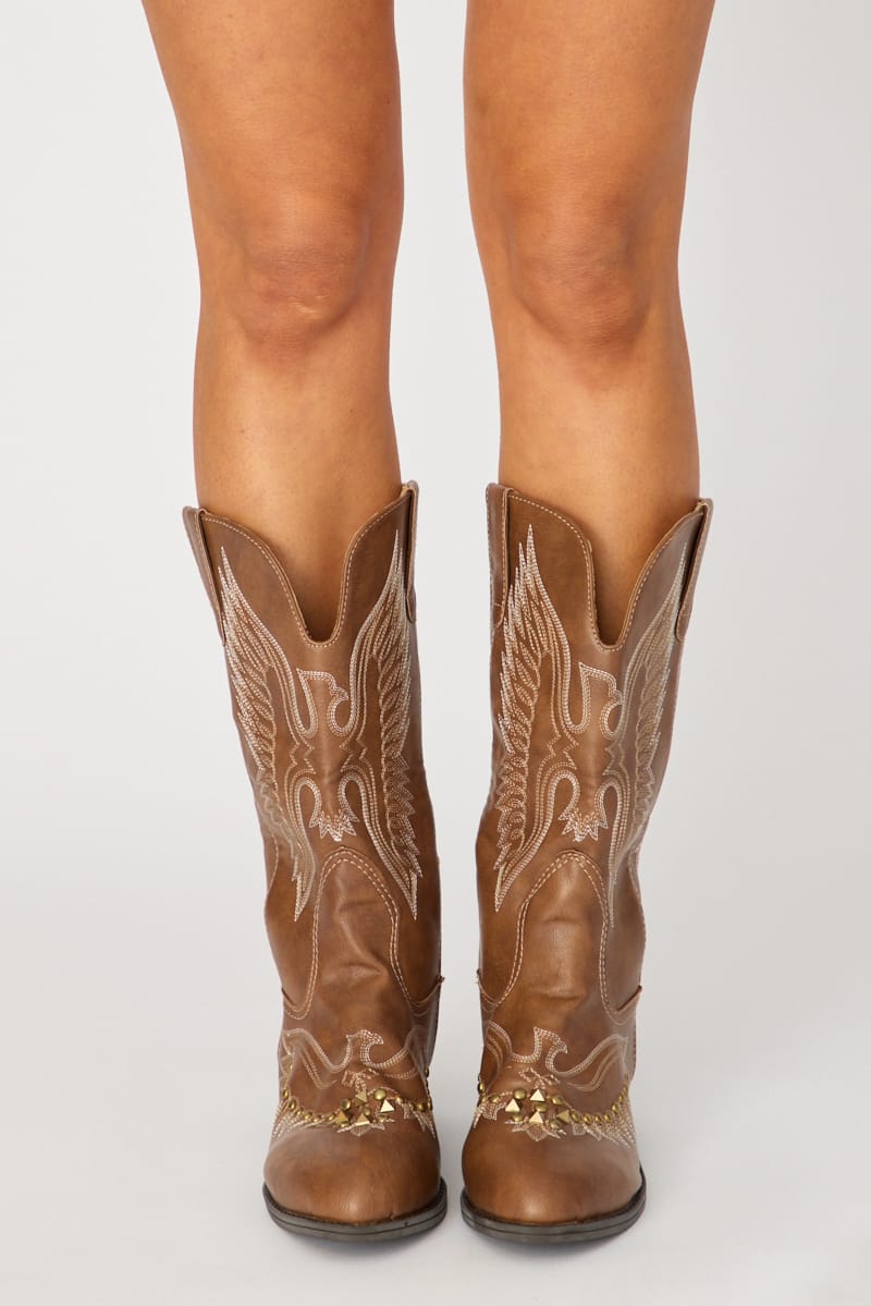 Brown Embroidered Western Cowboy Boots for Ally Fashion