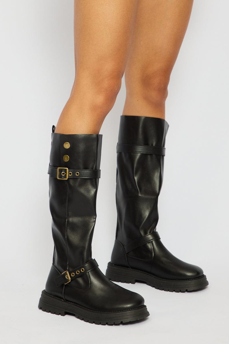 Black Buckle Detail Biker Boots for Ally Fashion