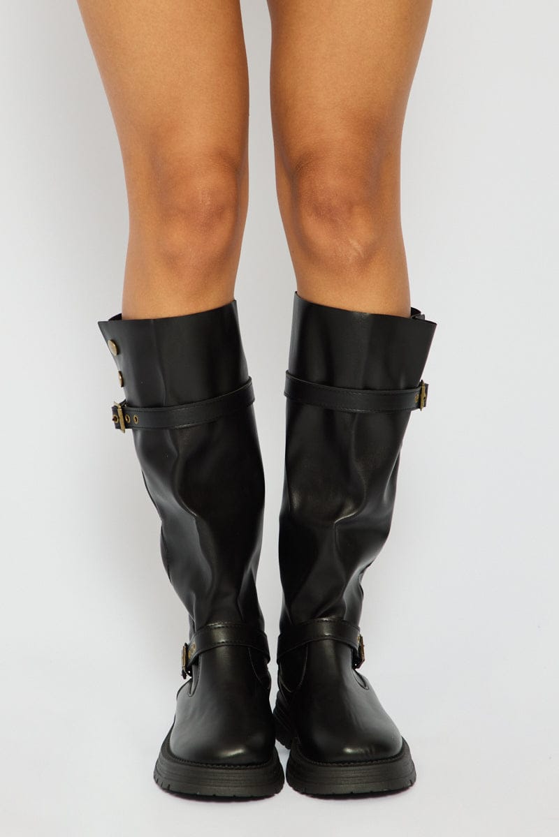 Black Buckle Detail Biker Boots for Ally Fashion