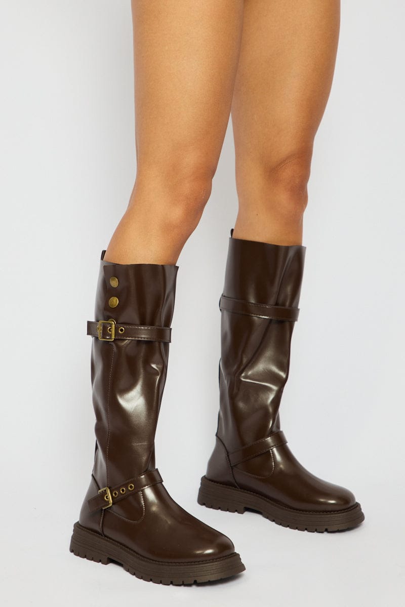 Brown Buckle Detail Biker Boots for Ally Fashion