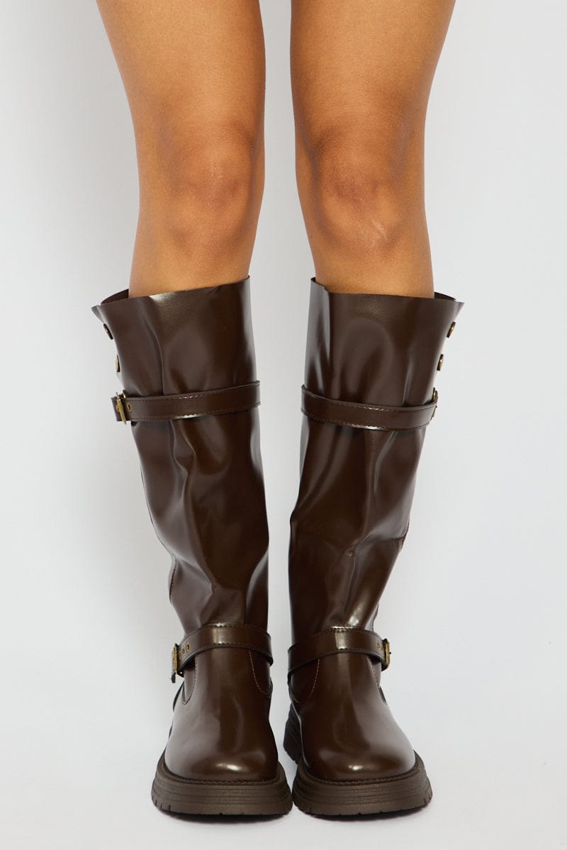 Brown Buckle Detail Biker Boots for Ally Fashion