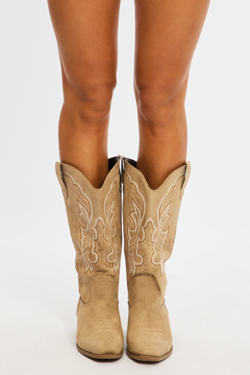 Beige Embroidered Western Cowboy Boots for Ally Fashion