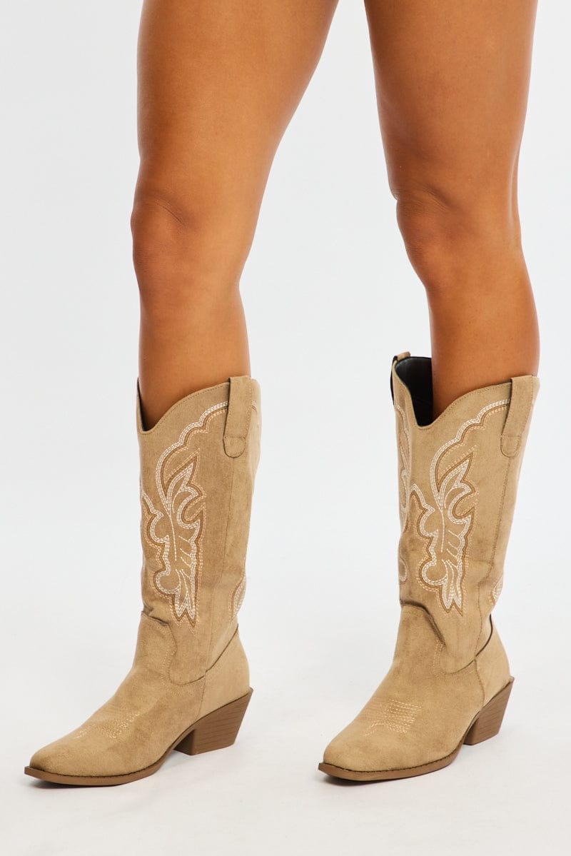 Beige Embroidered Western Cowboy Boots for Ally Fashion