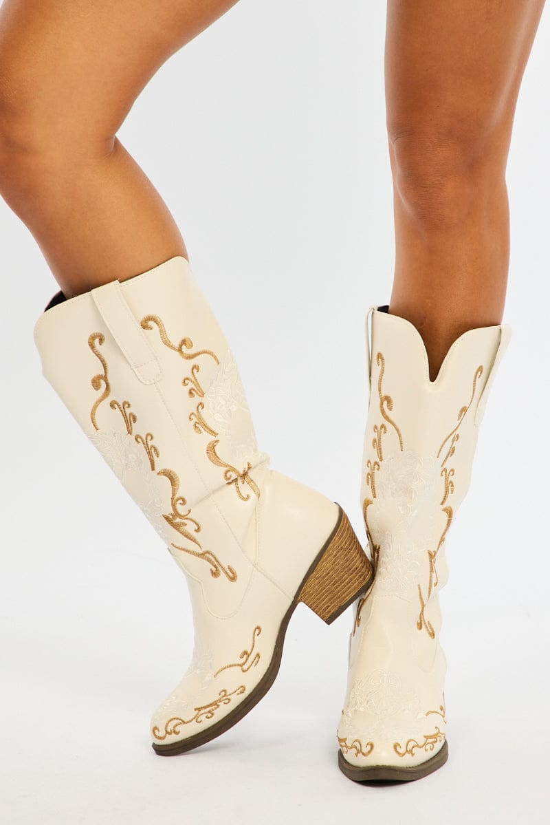 White Embroidered Western Cowboy Boots for Ally Fashion