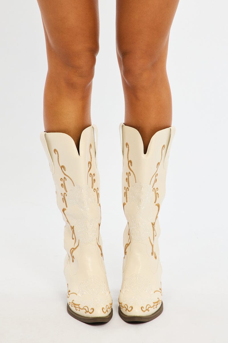 White Embroidered Western Cowboy Boots for Ally Fashion