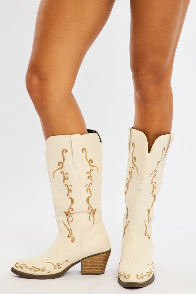 White Embroidered Western Cowboy Boots for Ally Fashion