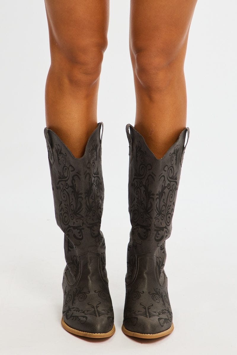 Grey Western Cowboy Boots for Ally Fashion