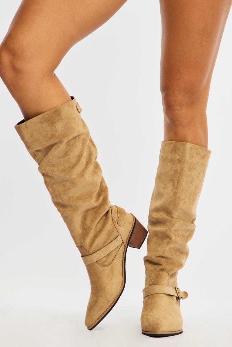 Beige Buckle Detail Cowboy Boots for Ally Fashion