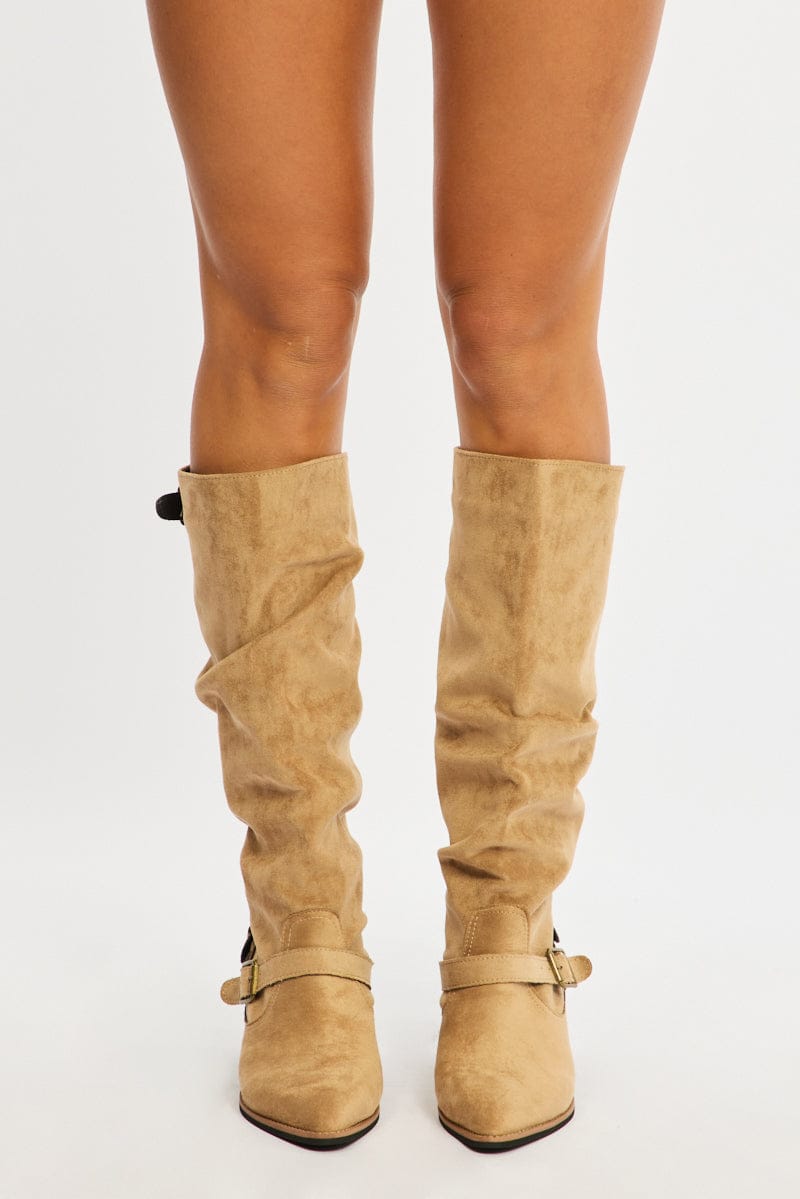 Beige Buckle Detail Cowboy Boots for Ally Fashion