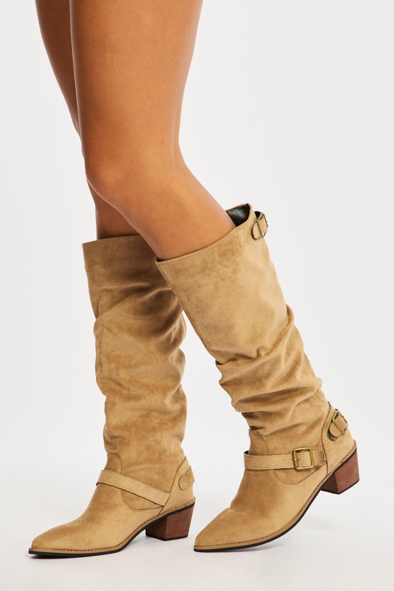 Beige Buckle Detail Cowboy Boots for Ally Fashion