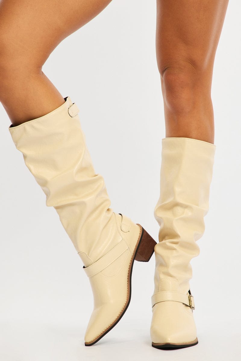 White Buckle Detail Cowboy Boots for Ally Fashion
