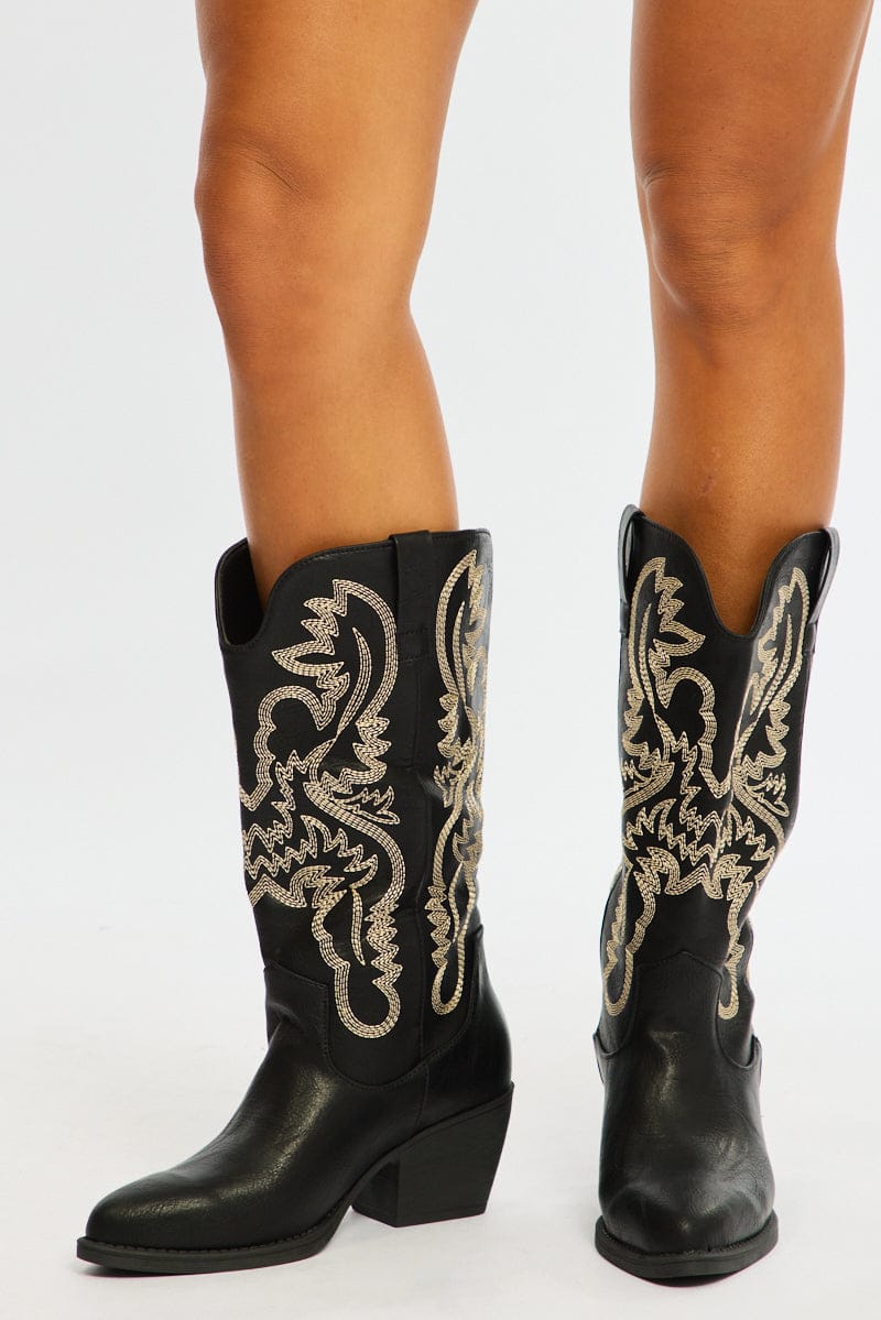 Black Embroidered Western Cowboy Boots for Ally Fashion
