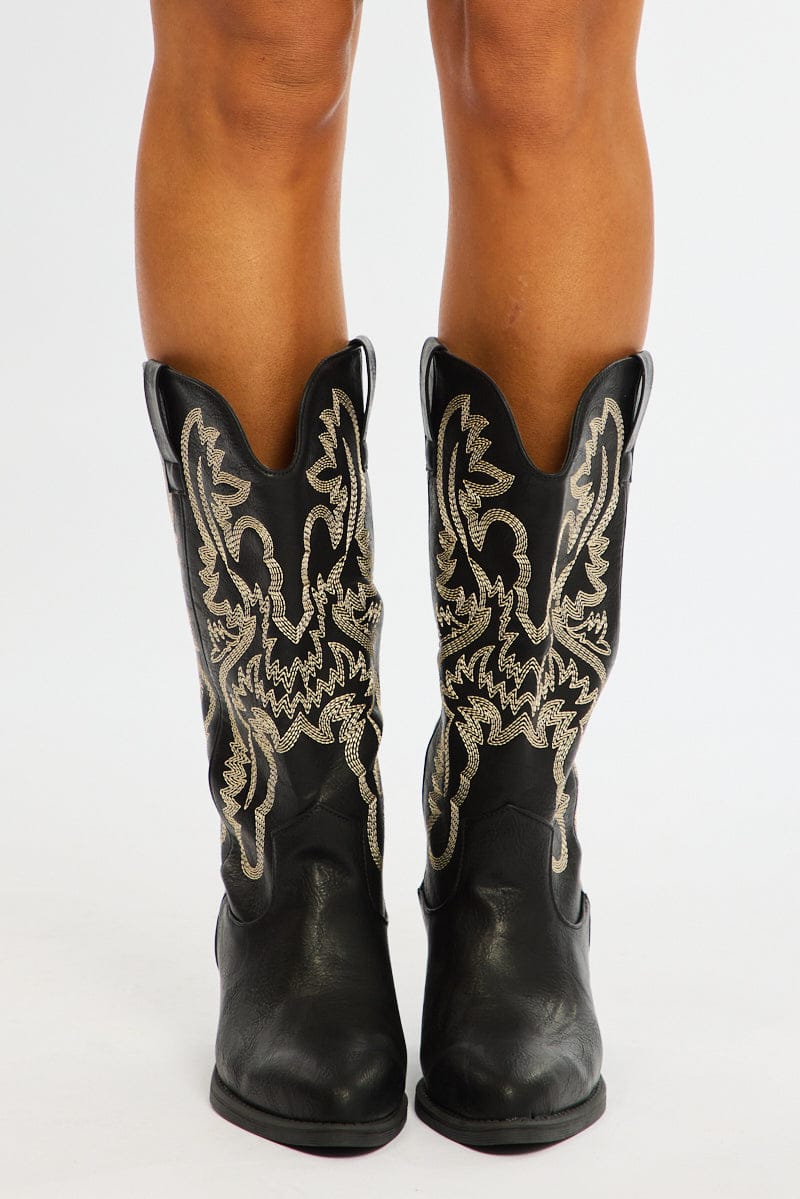 Black Embroidered Western Cowboy Boots for Ally Fashion