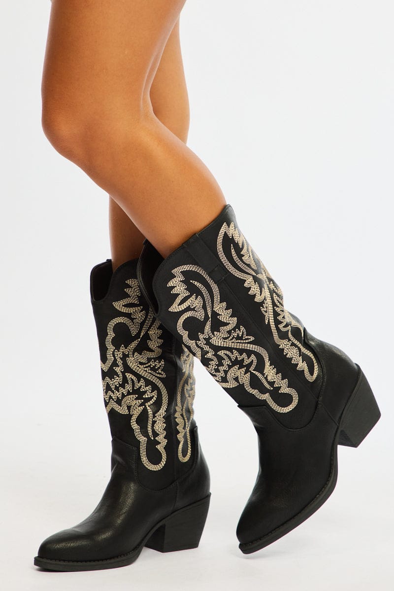 Black Embroidered Western Cowboy Boots for Ally Fashion