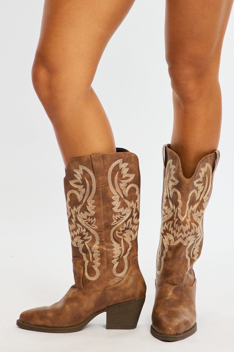 Brown Embroidered Western Cowboy Boots for Ally Fashion
