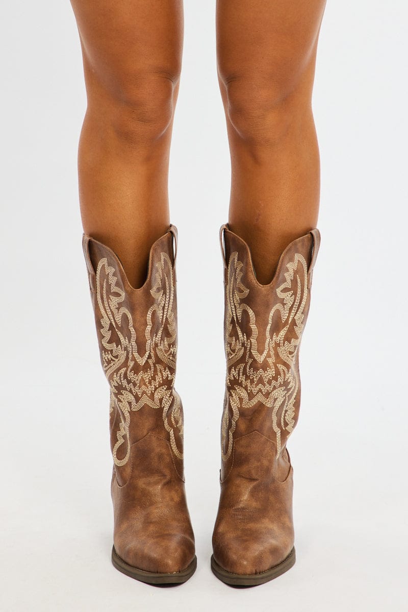Brown Embroidered Western Cowboy Boots for Ally Fashion