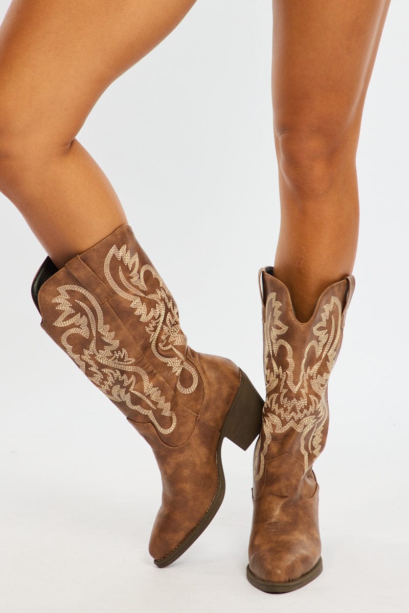 Brown Embroidered Western Cowboy Boots for Ally Fashion
