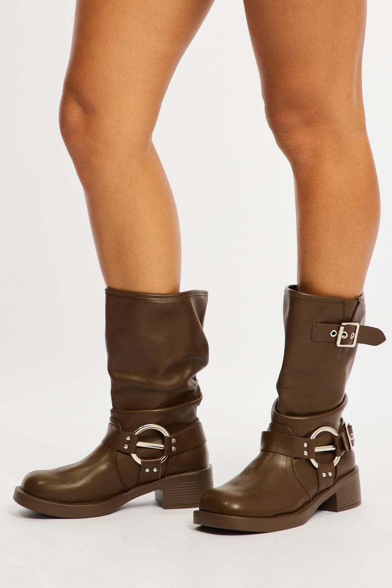 Brown Buckle Detail Biker Boots for Ally Fashion