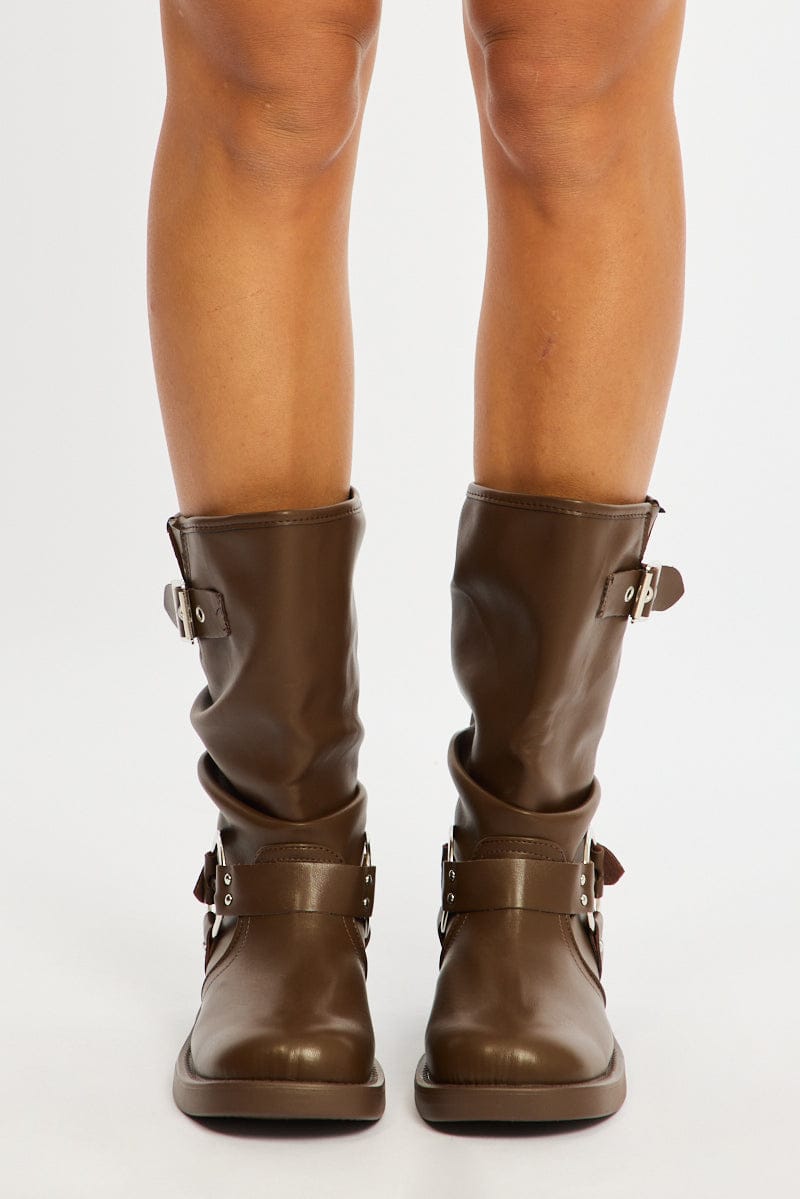 Brown Buckle Detail Biker Boots for Ally Fashion