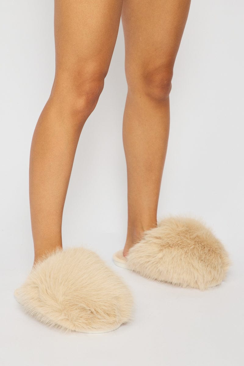 Beige Faux Fur Slippers for Ally Fashion