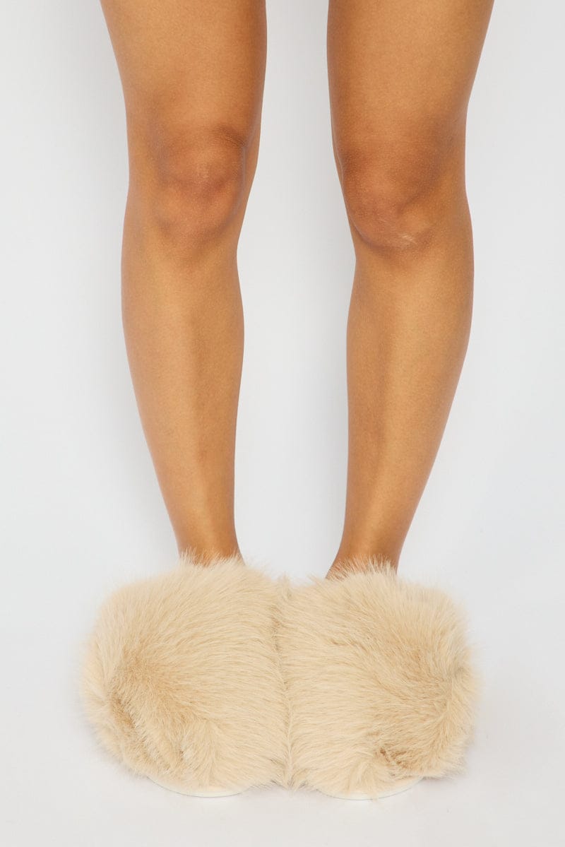 Beige Faux Fur Slippers for Ally Fashion